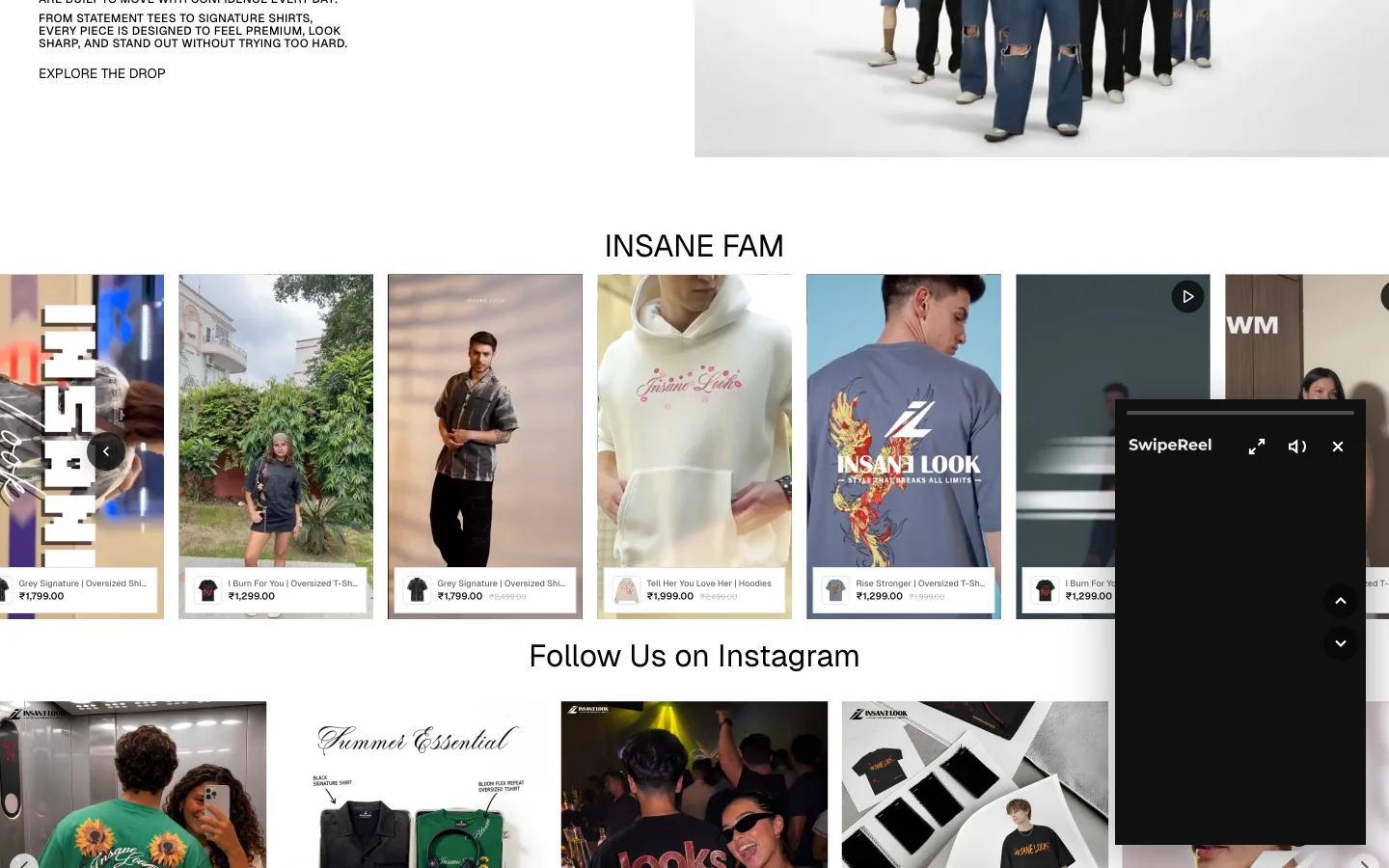 A UGC video rail on the Insane Look Shopify storefront, each tile tagged with a product and price