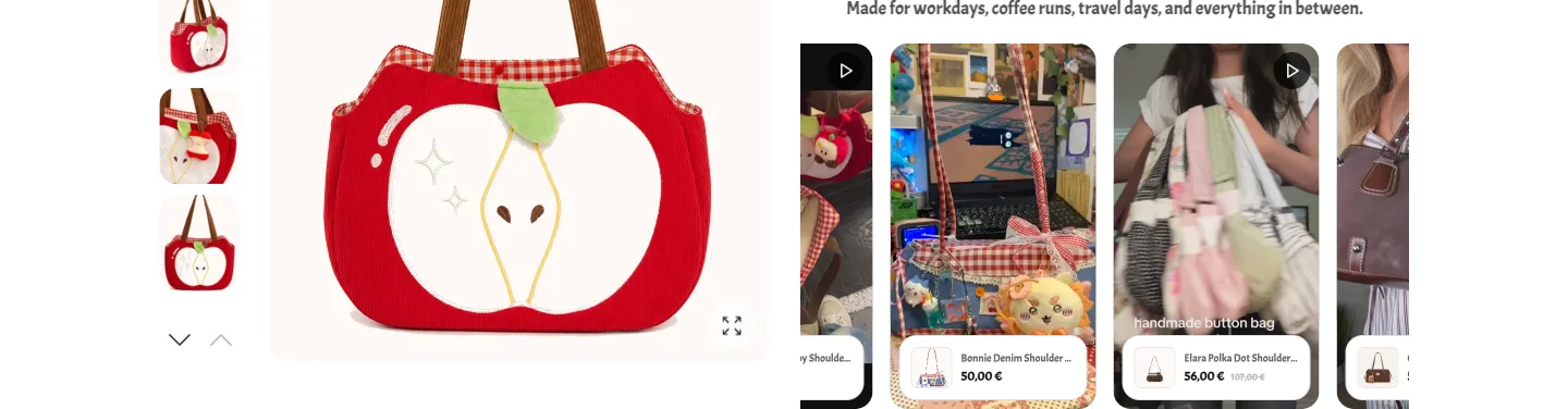 Arippula product page with a shoppable video rail beside the product gallery