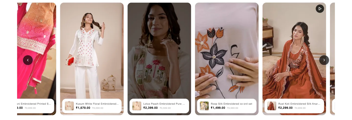 Decize storefront showing a row of shoppable videos with product cards and Indian rupee prices