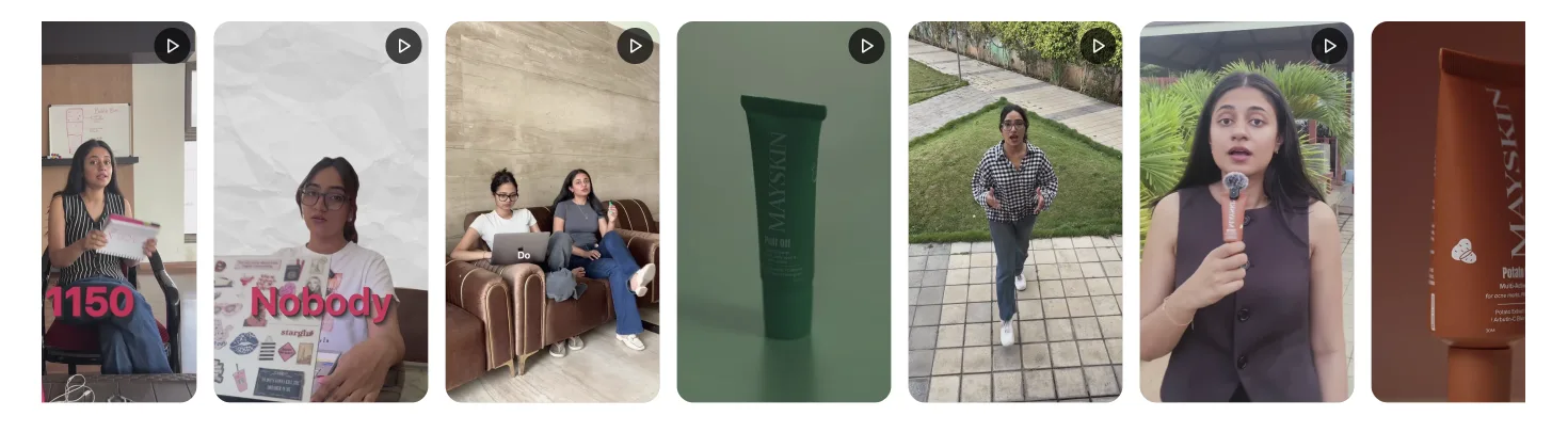Row of creator videos on the Mayskin storefront, alternating with product shots