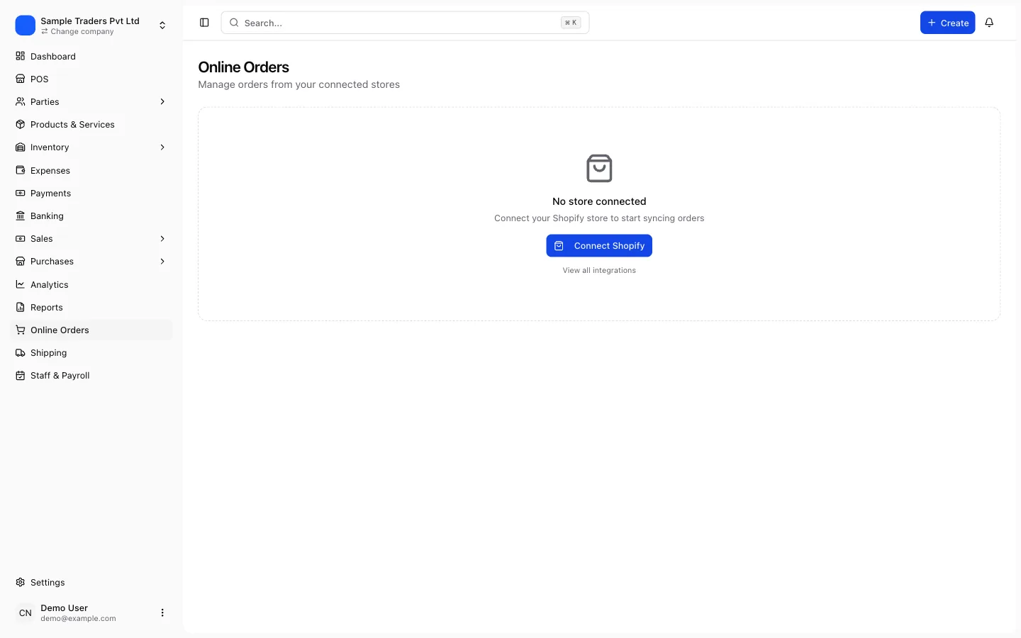 Online Orders page in myBillPlease with the Connect Shopify button