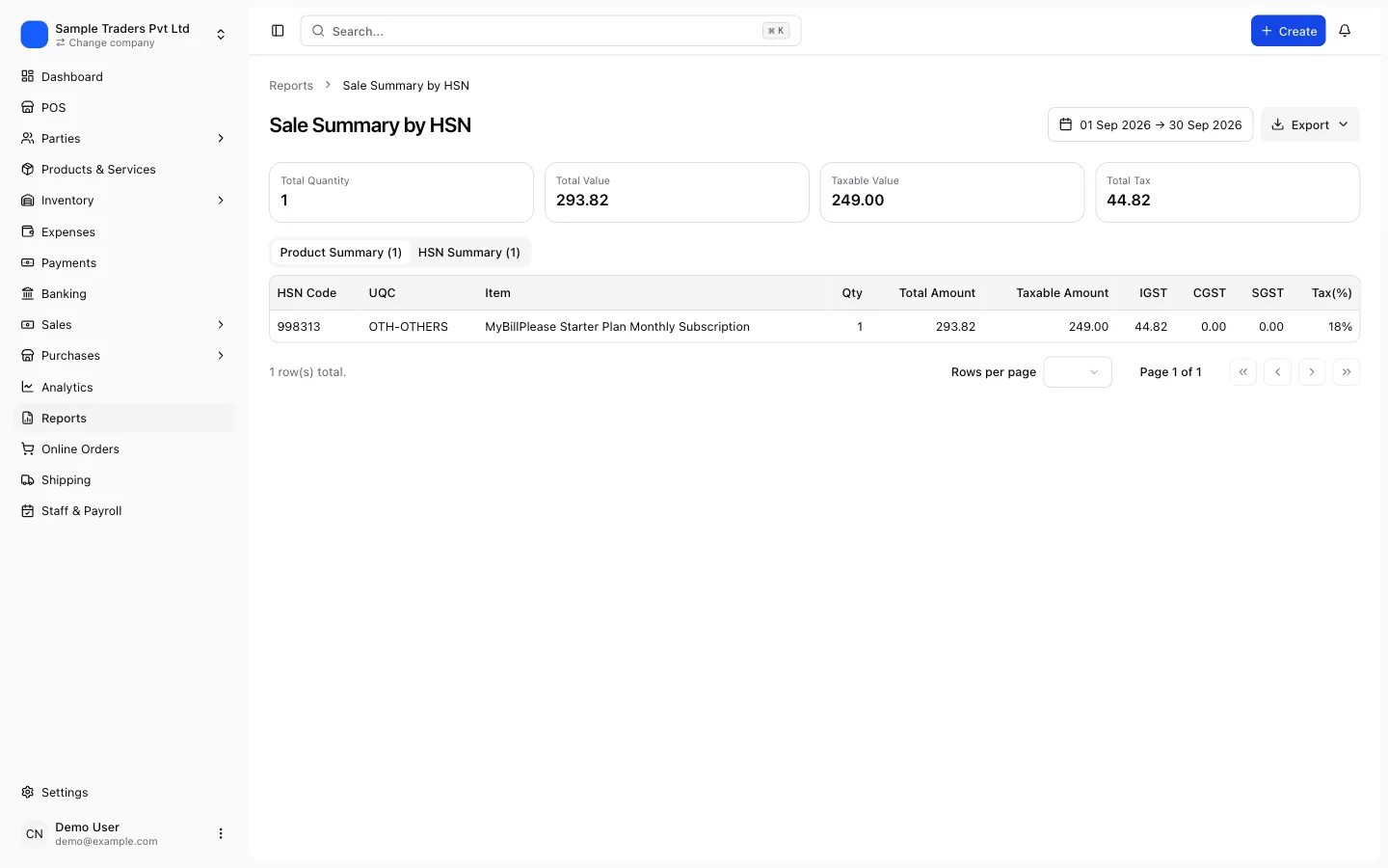 HSN-wise sale summary in myBillPlease used to fill GSTR-1 Table 12