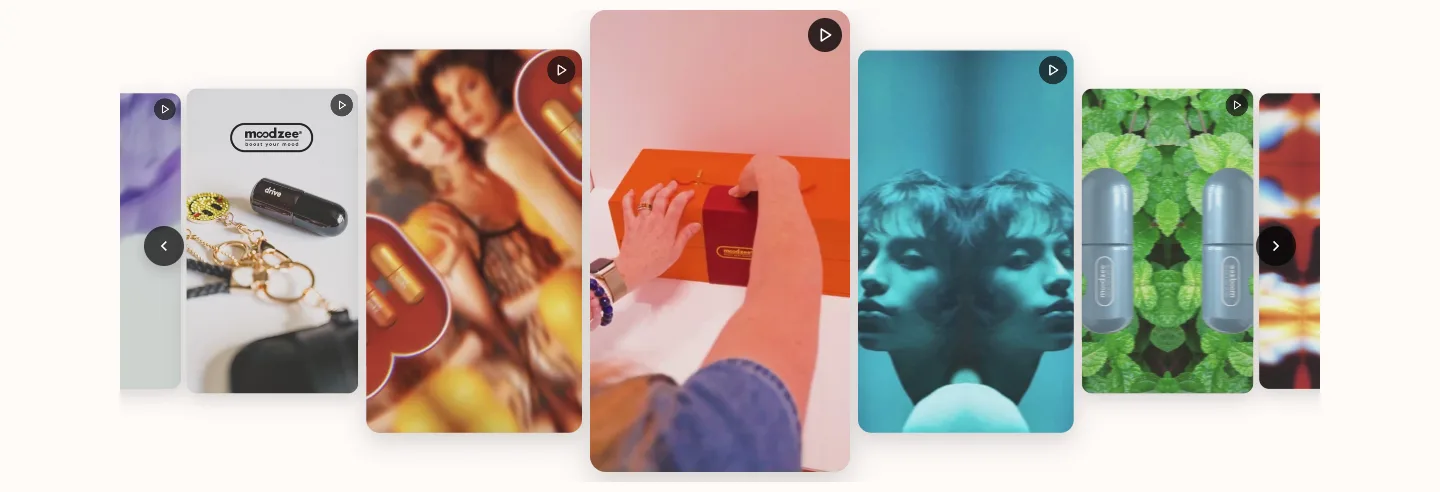 Moodzee storefront with a coverflow row of brand videos
