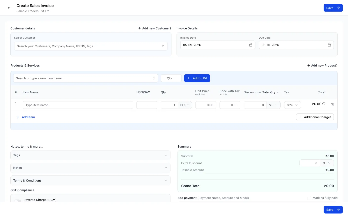 Create Sales Invoice screen in myBillPlease