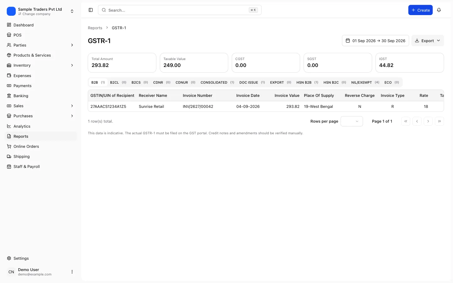 GSTR-1 report tabs in myBillPlease including HSN B2B, HSN B2C and DOC ISSUE