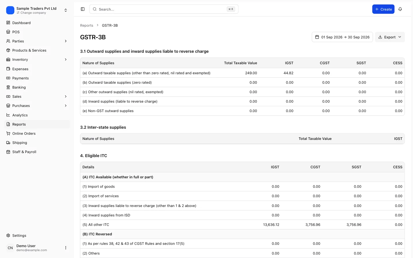 GSTR-3B report in myBillPlease with output tax and ITC tables