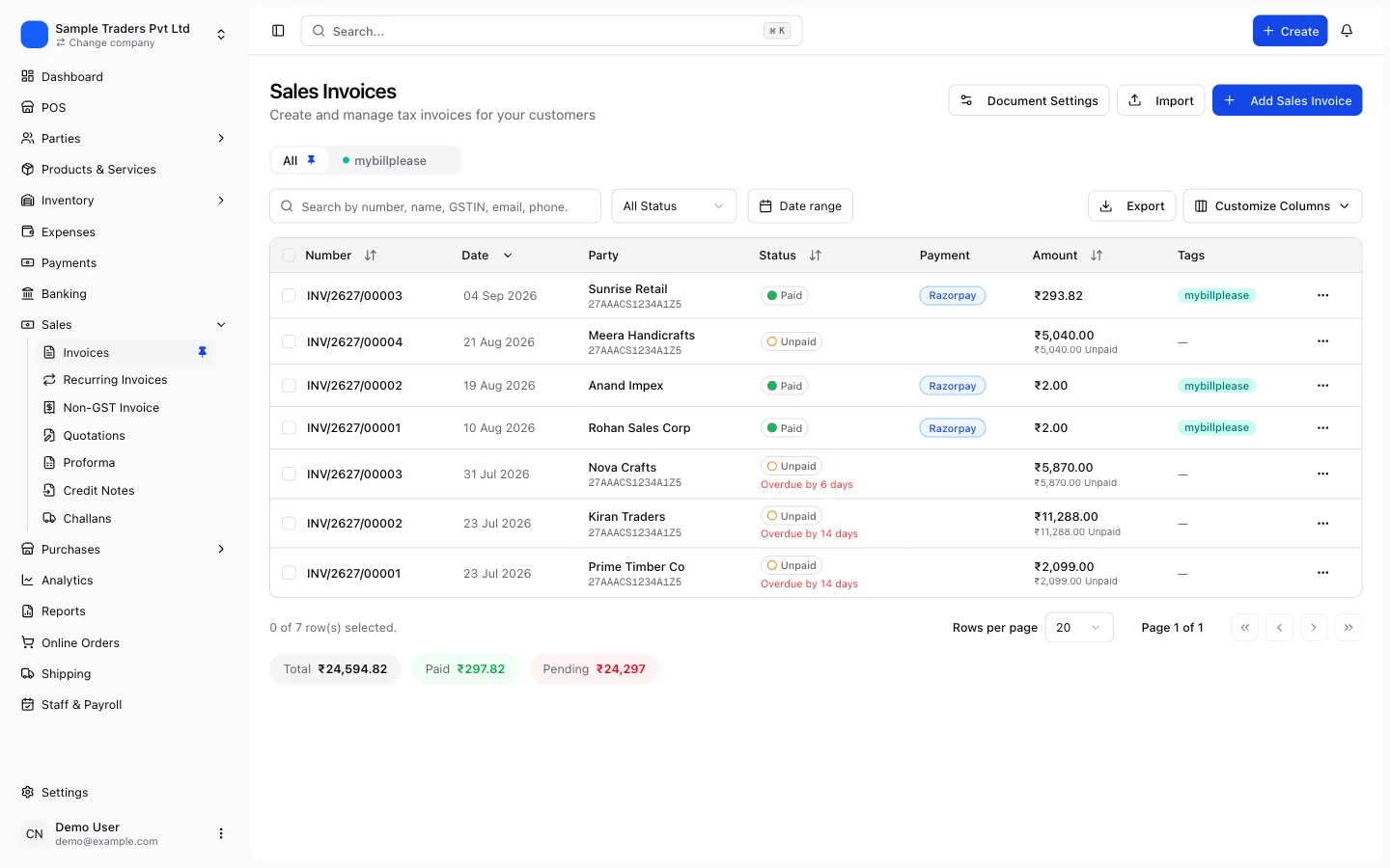 Sales Invoices list in myBillPlease with Razorpay payment tags