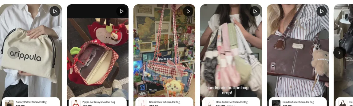 Shoppable video carousel on the Arippula storefront, each video tagged with a bag and its price